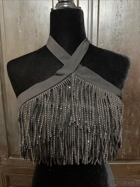 Effordram halter crop top crisscross tie-back with studded fringe trim - Small